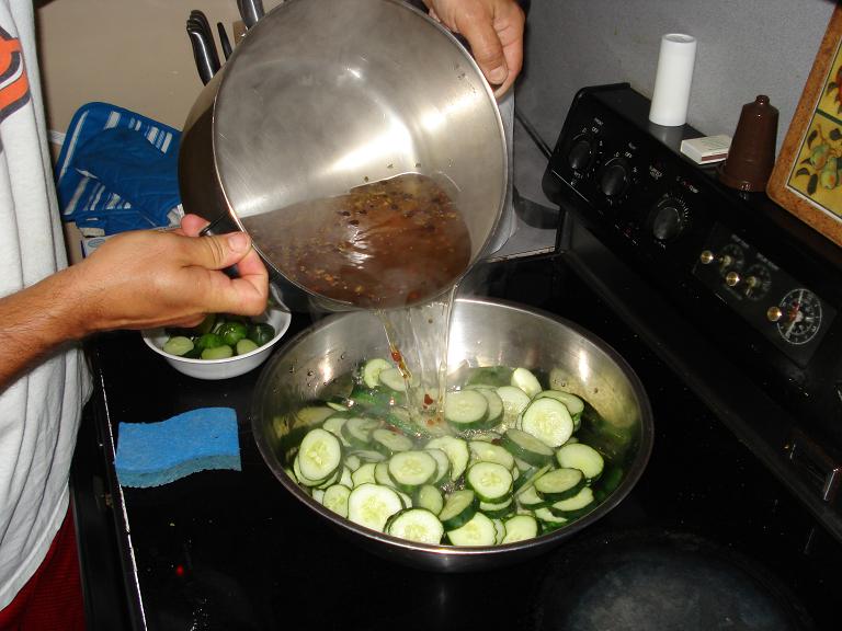 Pouring the brine Refigerator Pickles